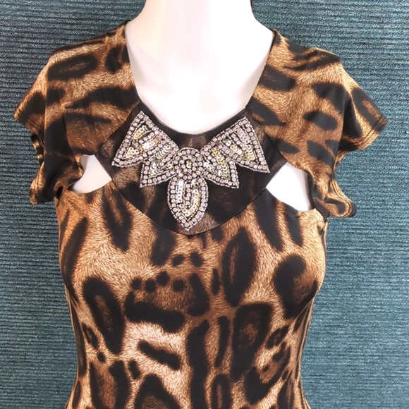 Vintage Y2K Clubwear, Sabora Embellished Leopard Print Mini-Dress - Picture 2 of 8